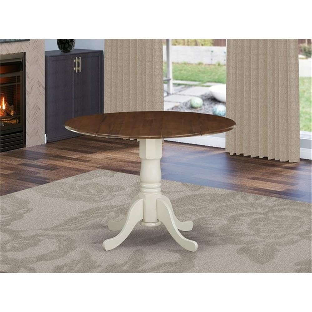 East West Furniture Dmt-Wlw-Tp Dublin Modern Kitchen Table - A Round Dining Table Top With Dropleaf & Pedestal Base, 42X42 Inch, Walnut & Linen White